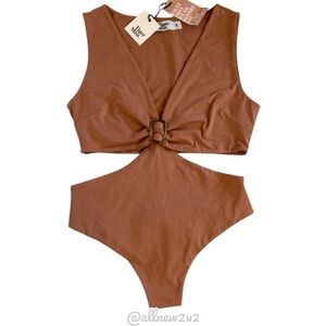 • New • Tiger Mist Bodysuit Muted Mauve Nude Tan Sleeveless V Neck Cutout